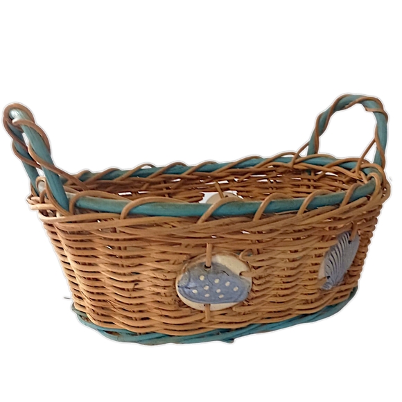 Wicker Basket Ceramic Insets Inlaid Beach Coastal Nautical Handles Bohemian Tan - Picture 8 of 16